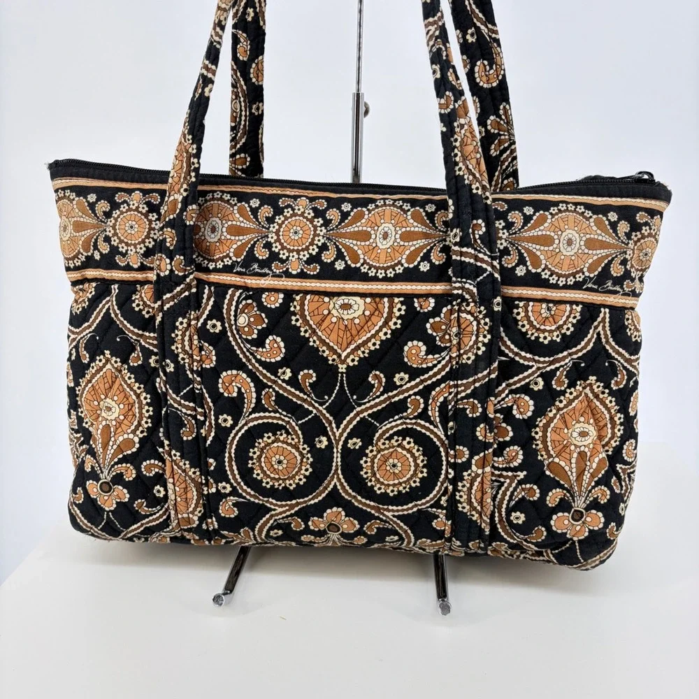 Vera Bradley Tote Bag & Wallet Set Caffe Latte Paisley Quilted Black Tan 15x9
